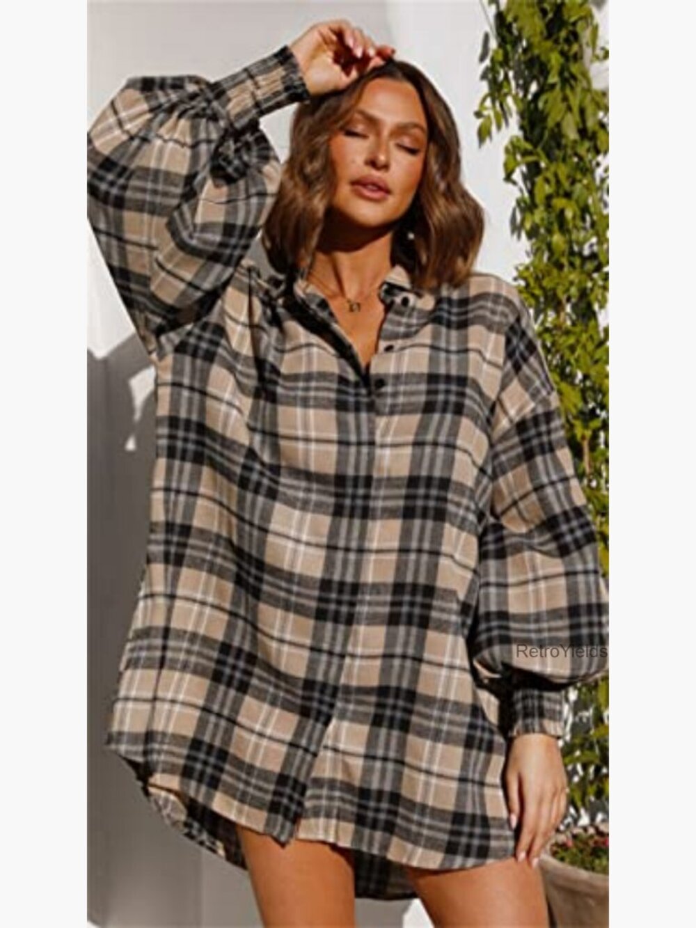 Oversized Long Sleeve Button Down Plaid Shirt Dress Shacket Blouse Top Tunics - Picture 3 of 7